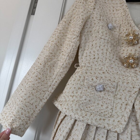 NWT Self-Portrait Jacket Mini Dress Boucle Metallic Boucle Pleated Skirt Sz 6 - Picture 6 of 10